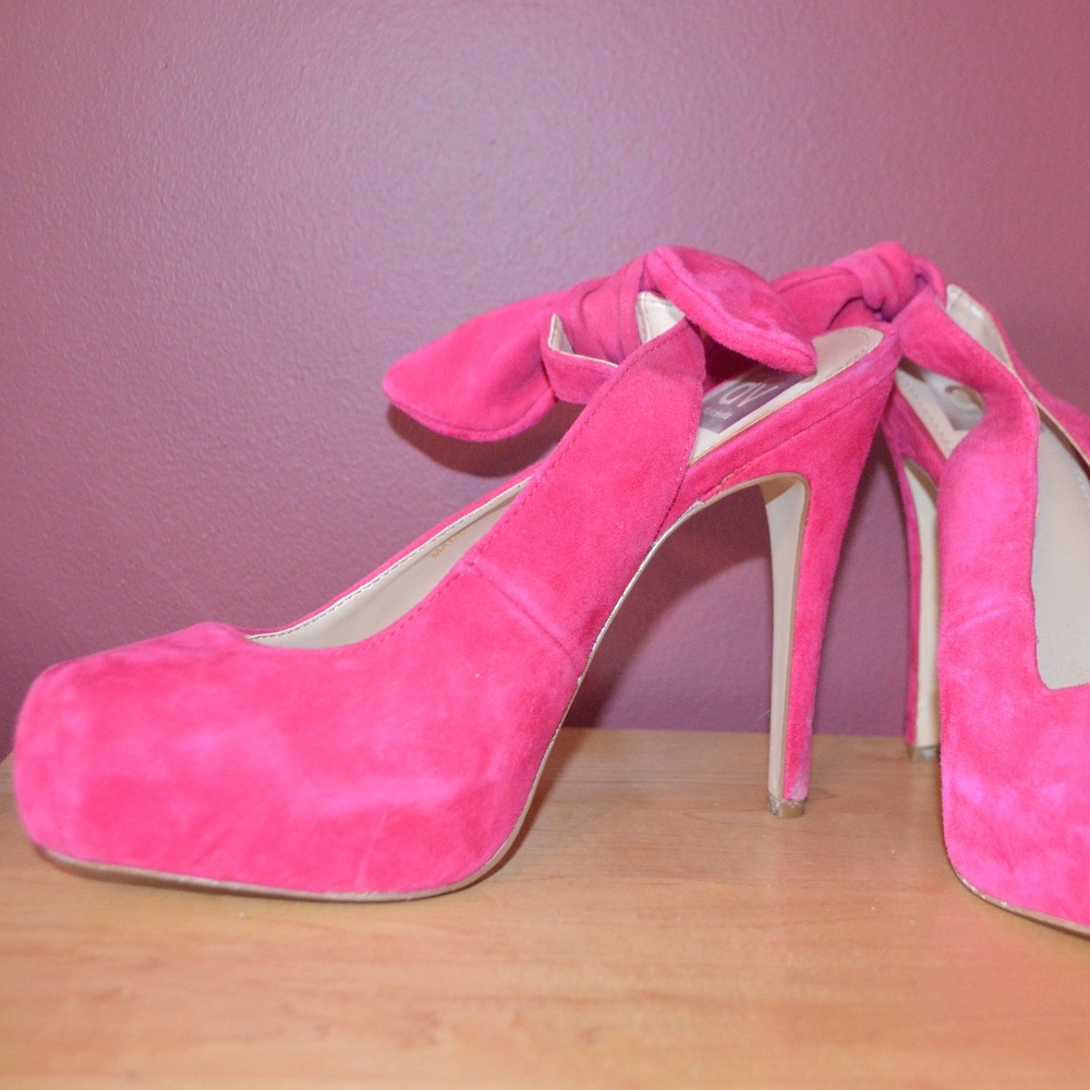 Hot Pink Suede Heels with Bow in the back